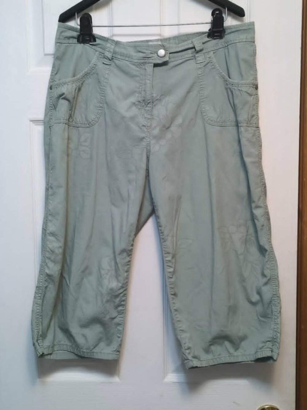 Chico's Green Faded Hibiscus Print Sz 2.5 L Capri Pants Cropped Wide Leg Cotton